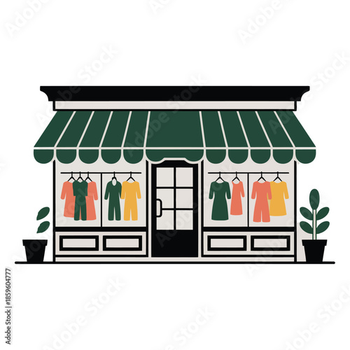 Boutique store building with green awning dress hanging on rack front view in flat style vector illustration isolated on transparent