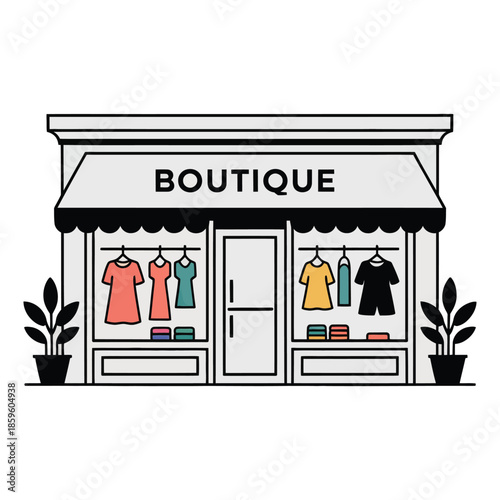 Boutique store facade with awning and dress hanging on rack front view in flat style vector illustration isolated on transparent background