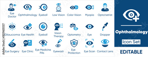 Ophthalmology Clinic and Vision Care Icon Set. Vector Glyph Icons for Eye Doctor and Optical Health.