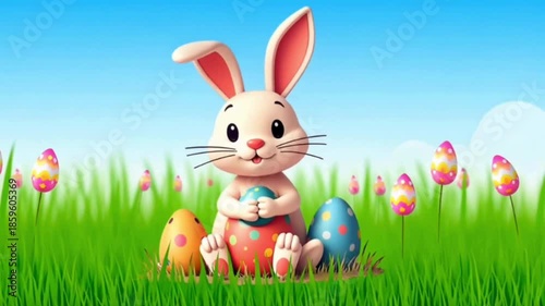 A cute pink bunny sits on lush grass amid colorful Easter eggs under a bright blue sky gleaming sun