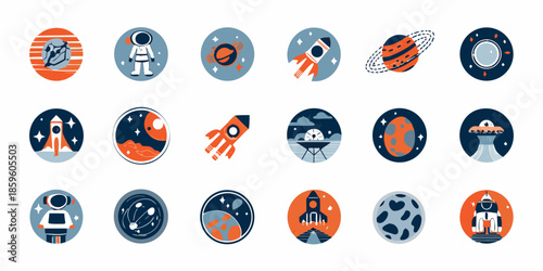 Colorful space themed icons featuring planets rockets astronauts and ufos