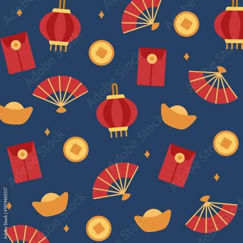 Traditional Lunar New Year seamless pattern of lanterns, wooden fans, red envelopes, gold ingots, and coins on dark blue. Perfect for classic festive designs, textiles, and cultural branding.