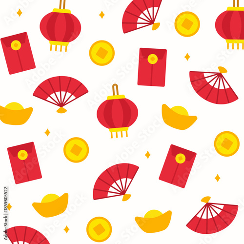 Traditional Lunar New Year seamless pattern of lanterns, wooden fans, red envelopes, gold ingots, and coins on light yellow. Great for warm holiday visuals, wrapping paper, and New Year layouts.