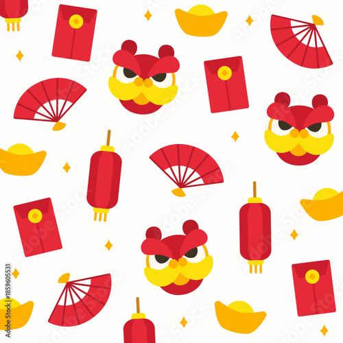 Seamless Lunar New Year pattern of lion dance masks, wooden fans, lanterns, red envelopes, and gold ingots on light yellow. Perfect for festive backgrounds, packaging, and holiday decorations.