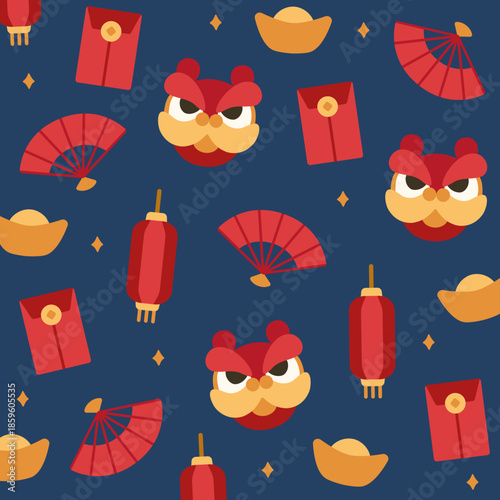 Seamless Lunar New Year pattern of lion dance masks, wooden fans, lanterns, red envelopes, and gold ingots on dark blue. Great for bold celebratory designs and cultural New Year visuals.