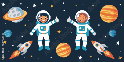 Two astronauts explore space among planets stars and rockets