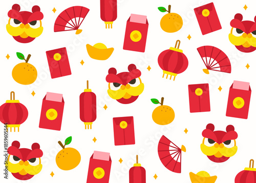 Festive pattern of lion dance masks, red envelopes, fans, and gold ingots scattered on light yellow. Great for joyful holiday designs and celebratory layouts.