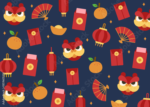 Festive pattern of lion dance masks, red envelopes, fans, and gold ingots scattered on deep blue. Perfect for dynamic Lunar New Year backgrounds and decorations.