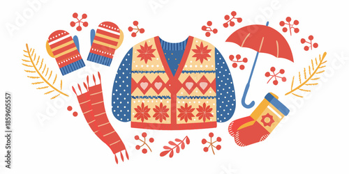 Charming winter apparel illustration with a sweater mittens and umbrella