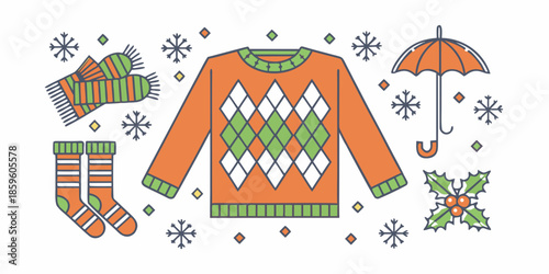 Winter clothing and accessories a sweater socks scarf umbrella and snowflakes