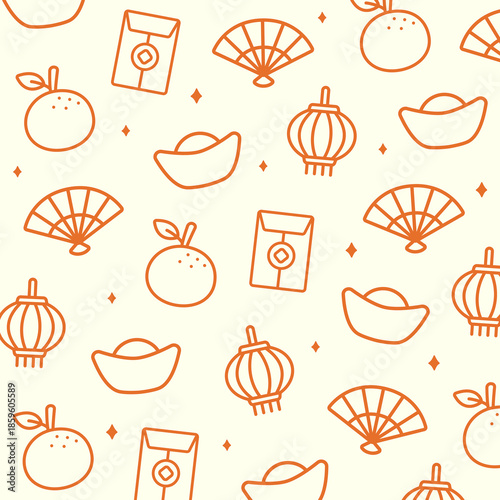 Outline seamless pattern of Chinese lanterns, hand fans, red envelopes, gold ingots, and oranges on pale yellow. Great for cheerful New Year backgrounds and cultural decorations.