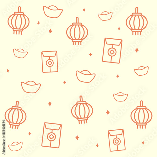 Outline seamless pattern of Chinese lanterns, red envelopes, and gold ingots scattered on pale yellow. Great for soft holiday designs and traditional celebratory visuals.
