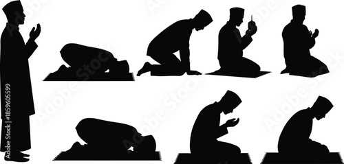 Islamic prayer sequence, Salah postures silhouette, Muslim worship vector, traditional attire, spiritual devotion, prayer mat, cad drawing flat vector illustration
