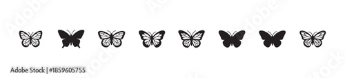 Assortment of nine black and white butterfly shapes mixing filled silhouettes and detailed wings