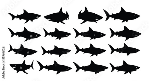 A collection of black silhouette shark images in various swimming poses