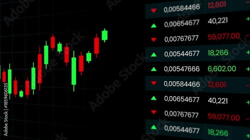 Dark trading chart with green and red candlesticks on the left, and a lit price ladder on the right