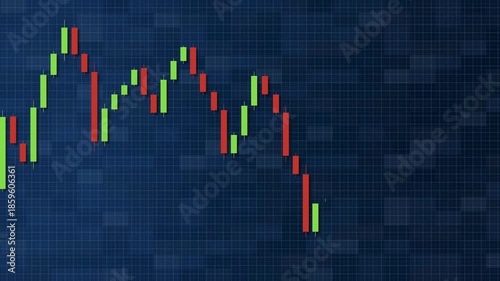 Blue grid backdrop with green bullish and red bearish candlesticks showing a rising market trend up