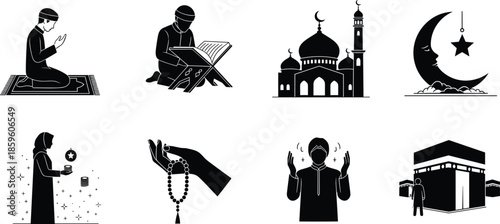 Islamic worship icons, Muslim prayer symbols, religious practices vector, faith elements illustration, spiritual devotion, flat design, cad drawing flat vector illustration