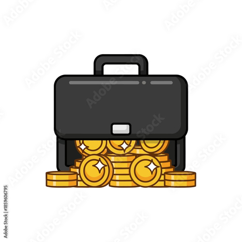 Illustration of a black business briefcase brimming with gleaming gold coins, symbolizing financial success, wealth accumulation, investment growth, and robust economic prosperity
