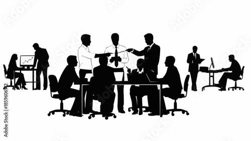 Business meeting in a modern office setting with silhouettes of people collaborating.
