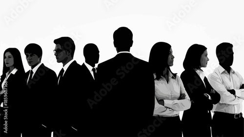 Diverse group of business professionals standing together in silhouette.