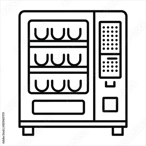 Minimal line art illustration of modern vending machine with display rows, buttons, and payment slot in clean vector style