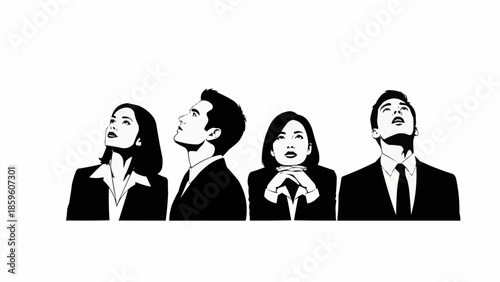 Four business people looking up in silhouette style.