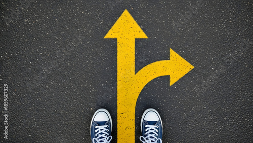 Split Yellow Arrow Road Decision Making Concept