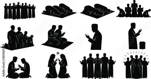 Prayer silhouette vector set, Muslim worship poses, spiritual gesture icons, religious devotion scenes, cad drawing flat vector illustration