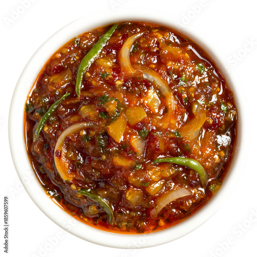 Menudo Northern Mexico tripe soup with red chili broth isolated on transparent background