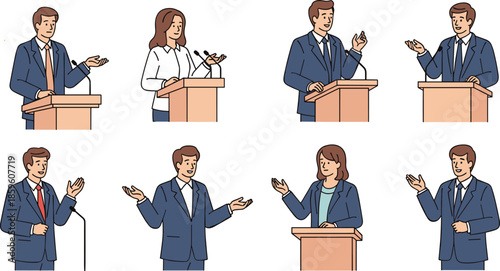 Public speaking illustration, podium speaker cartoon, formal presentation vector, expressive gestures artwork, communication skills concept, cad drawing flat vector illustration