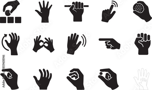 Hand motor skills icon set featuring grip, finger movement, coordination and therapy symbols for education and UI design.