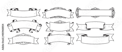 Set of nine vintage engraved scroll and banner shapes for elegant labels and emblems