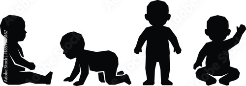 PrintBlack Baby Silhouette Set Featuring Infants Crawling Sitting and Standing Human Development Stages Icon Illustration Isolated on White Background for Design,