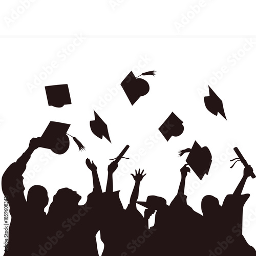Happy students throwing graduation caps in the air silhouette vector