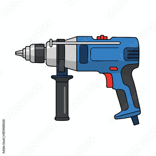 A cartoon drill with blue and gray body, red button, and black handle