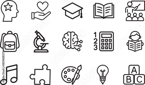   Educational outline icon set showing learning, creativity and early childhood development symbols for school and UI.