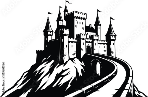 PrintMedieval Castle on Mountain Cliff Vector Illustration, Gothic Fortress with Towers and Stone Bridge, Fantasy Kingdom Architecture for Graphic Design.