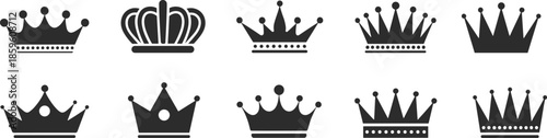 PrintRoyal crown silhouette set isolated on white background, king queen imperial jewelry icons for premium luxury branding and heraldic design,