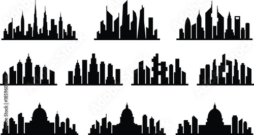 Set of black and white city skyline silhouettes, Chicago urban landmarks, architectural building outlines, skyscraper icons, and metropolitan cityscape vector graphics.