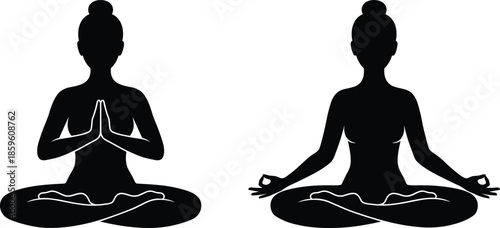 PrintSet of black yoga woman silhouettes sitting in lotus position for meditation mindfulness wellness healthy lifestyle and zen spa relaxation