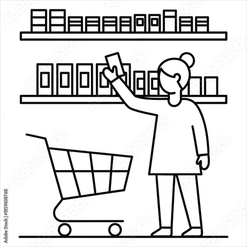 Minimal line art illustration of person shopping in grocery store aisle with cart and product shelf in clean modern vector style