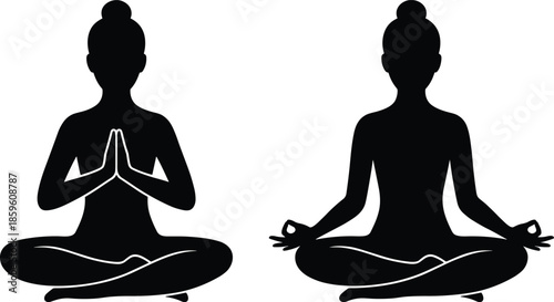 PrintSet of black yoga woman silhouettes sitting in lotus position for meditation mindfulness wellness healthy lifestyle and zen spa relaxation