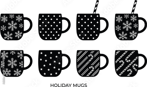 PrintWinter Christmas coffee mug silhouettes collection with snowflakes polka dots stars and candy canes for holiday drink celebration isolated vector,