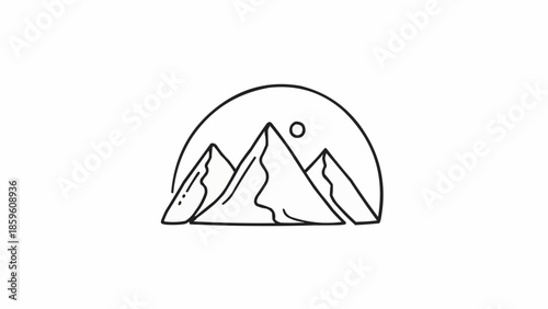 Minimalist mountain range illustration with sun behind peaks.