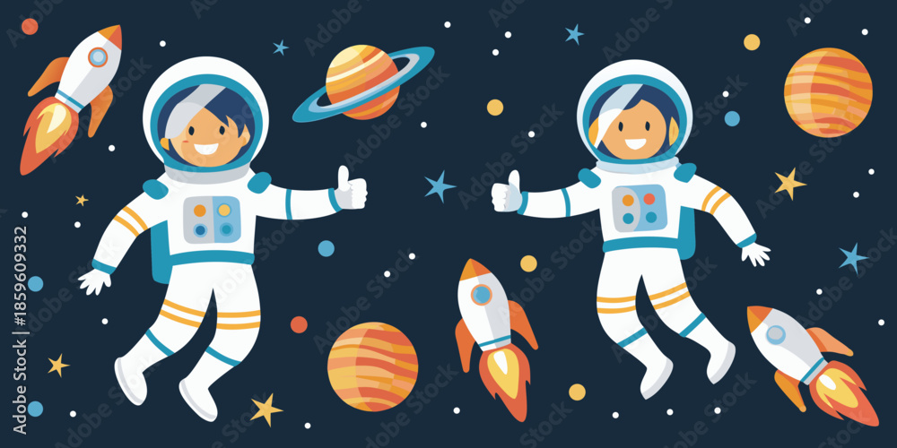 Fototapeta premium Astronauts floating in space with planets and rockets a cheerful cosmic scene