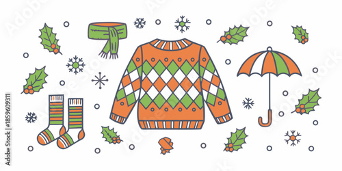 Winter clothing and accessories illustration featuring sweaters scarves and umbrellas