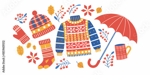 A charming collection of autumn and winter clothing and accessories depicted in illustration