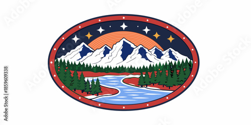 Mountain landscape with river and starry night sky in a circular emblem