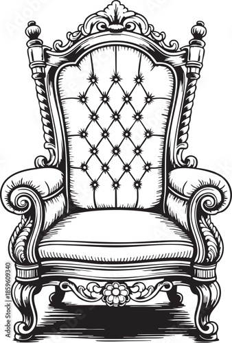 Ornate throne illustration, black and white drawing of a luxurious armchair with detailed carvings, elegant design